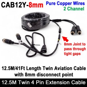 Twin 12.5M / 41FT 4 Pin Extension Cable with 8mm disconnect for two reversing / rear view cameras  | CAB12Y-8mm