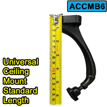 ACCMB6 universal ceiling mount for reversing camera monitor, standard length version shown with measuring tape indicating overall drop length from ceiling.