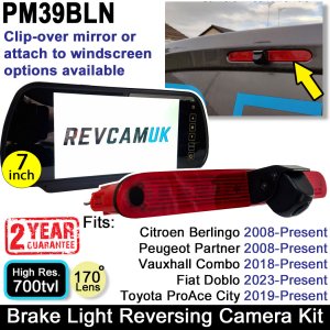 Citroen Berlingo, Peugeot Partner, Fiat Doblo, Vauxhall Combo and Toyota Proace City vans Mirror Monitor and Brake Light Reversing Camera Kit  | PM39BLN