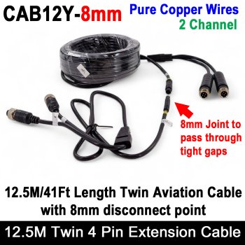 Twin 12.5M / 41FT 4 Pin Extension Cable with 8mm disconnect for two reversing / rear view cameras  | CAB12Y-8mm