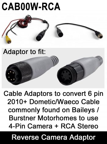 Burstner, Baileys, Dometic, Waeco Pre-fitted 6 Pin Motorhome Cable Adaptors 2010+ version for Single Reverse Camera RCA output to Stereo Head Unit | CAB00W-RCA