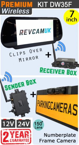 DW35F - Wireless kit with 7" mirror monitor + receiver box + numberplate frame camera + sender box