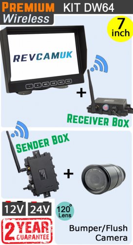 DW64 - Wireless kit with 7" dash monitor + receiver box  + flush/bumper camera + sender box