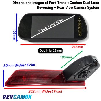 Ford Transit Custom (Bulb Version) 2012-2016 Twin Lens Brake Light Reversing + Rear view Camera Kit with 7" Mirror Monitor | PM39BLGTW