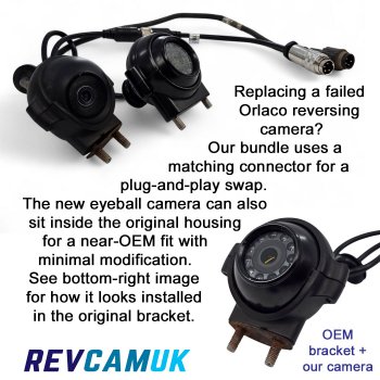 Orlaco-Compatible Reversing Camera & CAB600 Adaptor Bundle (12–24V, OEM Housing Fit) | CAM777+CAB600
