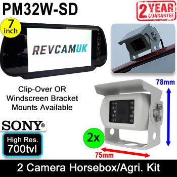 Two White Sony CCD Bracket Reversing/Agricultural/Horsebox Camera Kit with Mirror Monitor | PM32W-SD
